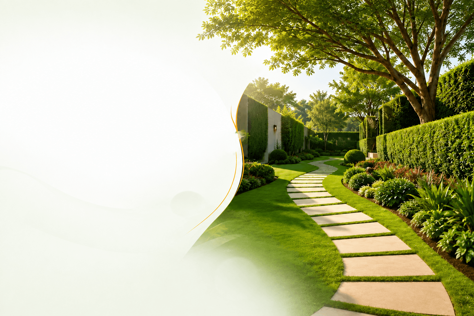 A landscaped garden with a stone pathway