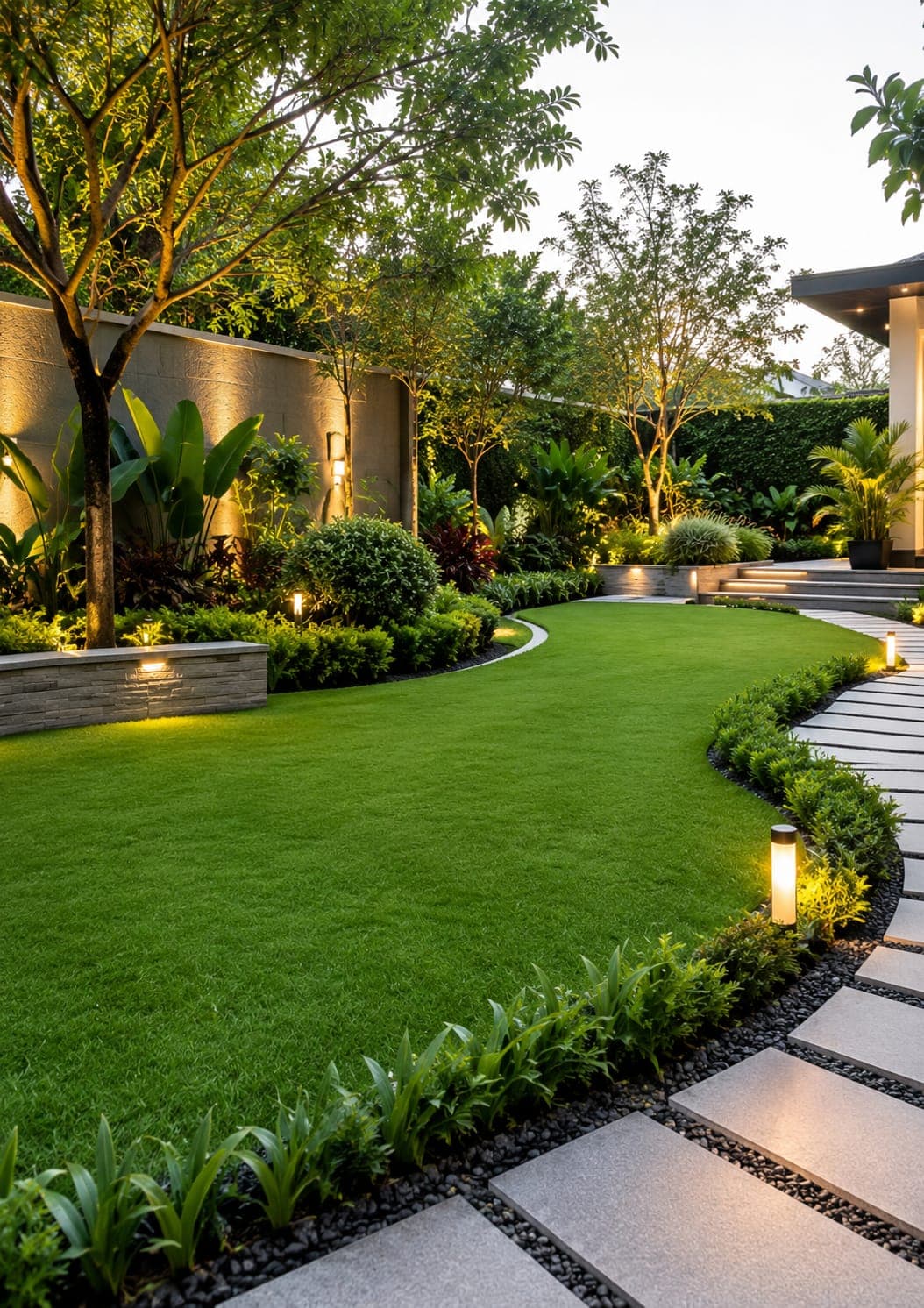 A landscaped garden with a stone pathway